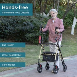 ELENKER Upright Rollator Walker, Stand Up Walkers for Seniors with Armrest, Front Pouch, 10”Wheels, Sponge Padded Seat and Backrest, Fully Adjustment Frame, Champagne