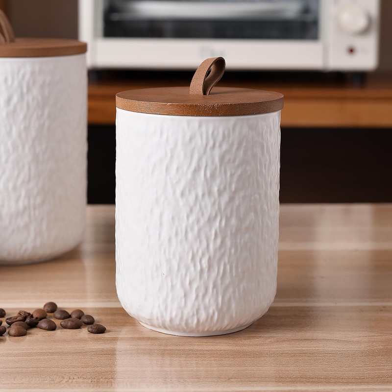 JOJUNO White Ceramic Canister Set with Wooden Lid, 3-Piece Airtight