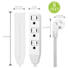 8 Foot Flat Plug Extension Cord, 3 Prong Grounded Wire, Angled Plug, White, UL Listed 2PK