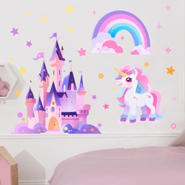 RoyoLam Cartoon Unicorn Rainbow Castle Star Wall Decals Nursery Preschool Fairy Wall Stickers for Kid Baby Girl Removable Peel and Stick Wall Art Decor Stickers for Living Room Bedroom Playroom