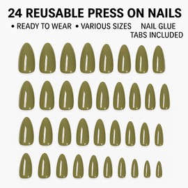 Glossy Olive Green Press On Nails – Almond Shape, Medium Length, 24 PCS Fake Nails with Nail File & Glue Tabs, Reusable ABS Material