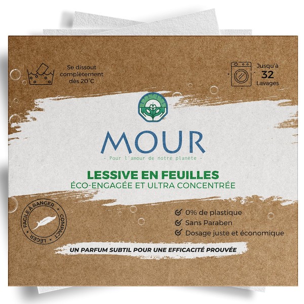 MOUR® Eco-Friendly Laundry Sheet - 32 Washes - Zero Waste Packaging - Pre-Dosed Size, Convenient to Use and Store - For Low and High Temperature Washing - Intense Freshness (32)