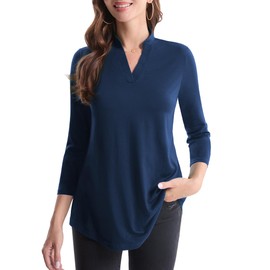 BAISHENGGT - Blusas de manga 3/4 con estampado floral y cuello en V para mujer, Azul marino, XX-Large