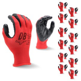 Durabull Work Gloves - 12 Pairs. Protective Safety Gloves For Working & General Use. Nitrile Coated With Secure Fit & Anti-Slip Grip. Heavy Duty, Oil Resistant Gloves - (NR1390, Size 11, Red).