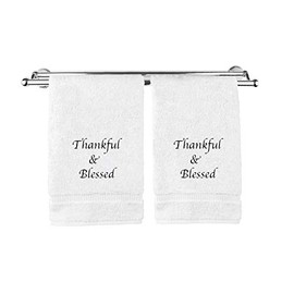 Liberty21 Embroidered Hand Towels with Inspirational Message: Thankful & Blessed (1 Set of 2 Hand Towels) for Bathroom, Kitchen or Spa. (White)