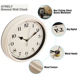 AYRELY® Decorative Vintage Wall Clock - 11Inch Silent Non-Ticking Clocks Battery Operated - Classic Decor for Living Room, Farmhouse, Kitchen, Bedroom, Bathroom (White)