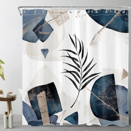 EOBTAIN Navy Blue Abstract Shower Curtain Watercolor Boho Dark Geometric with Leaf on White Fabric Shower Curtain with 12 Hooks Mid Century Modern Minimalist Bathroom Curtains Shower Set 72x72 Inch