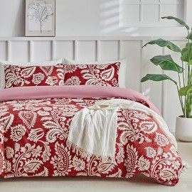 Lekesky Duvet Cover King Size, Reversible Vintage Red Paisley Comforter Cover Set King Size 3pc, Soft 100% Washed Microfiber Breathable Bedding Sets with Zipper Ties and 2 Pillowcases