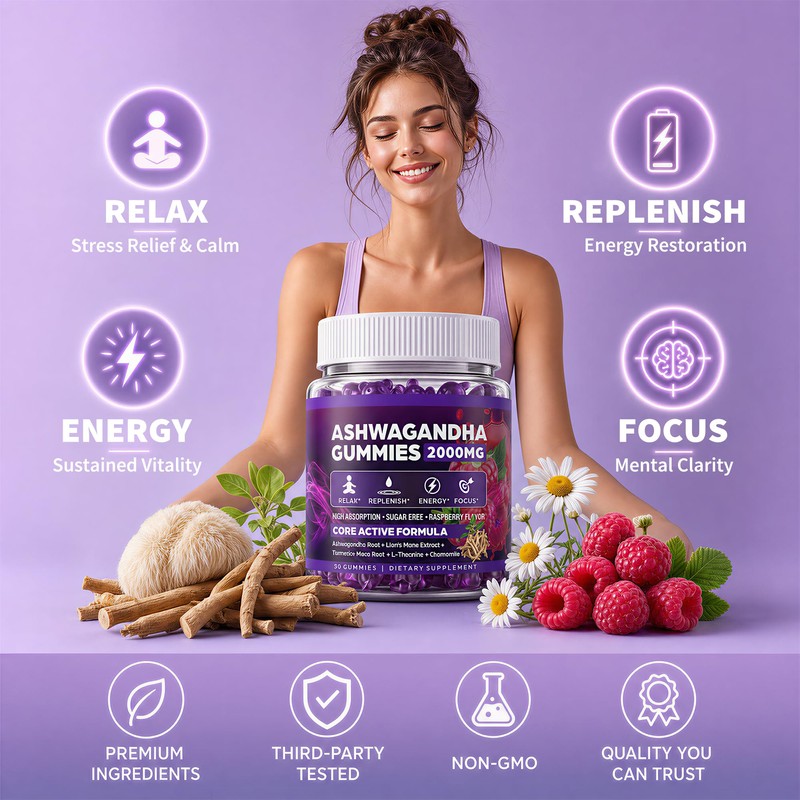 Ashwagandha Gummies, 2000mg Organic Ashwagandha for Women and Men, 90