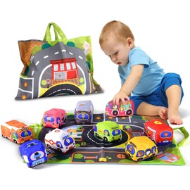 Adpartner Soft Car Toys for 1 Year Old Boy with Playmat/Storage Bag, 9PCS Cloth Stuffed Car Vehicle Toys Set with Play Mat Baby Toys for 6+ Months Babies Infants, 1st Birthday Gifts for Toddlers Kids