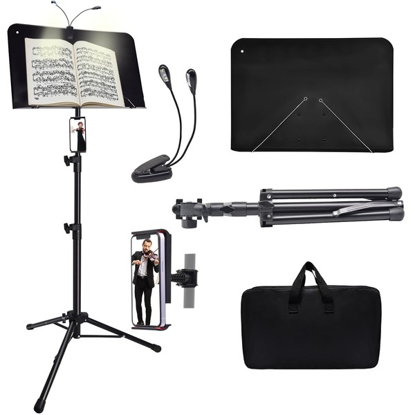 Sheet Music Stand with Light and Phone Holder, 57" Portable