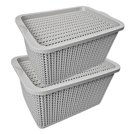 Set De 2 Canastas Organizadoras Tipo Rattan Con Tapa, Cestas De Almacenamiento Plásticas Multiusos Para Baño, Cocina Y Recámara, Cajas Organizadoras Apilables Con Asas, 23x15.5x14cm Gris