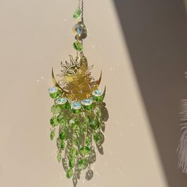 Solhyflo Sun Catcher, Moon & Sun Design - Indoor & Outdoor Hanging Crystal Glass Ornament, Rotating Stained Glass for Garden, Patio, Balcony, Bedroom, Living Room, Gift, Green