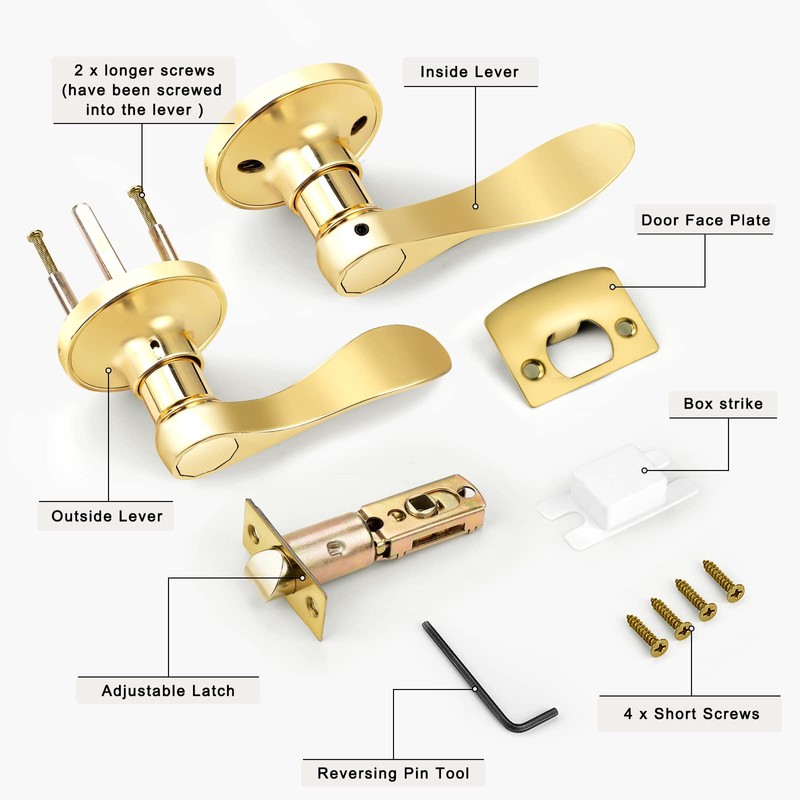 Gobrico Wave Door Levers Passage Door Locksets in Polished Brass
