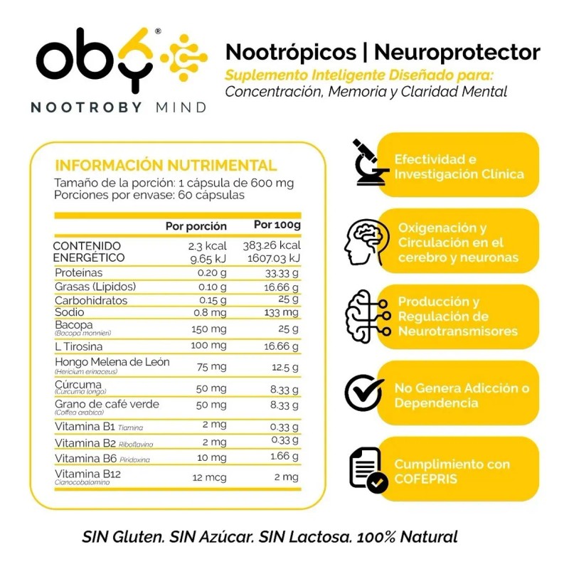 Hongo Melena Leon Complejo Cafeína Vitaminas B12 Cúrcuma Concentracion Láser
