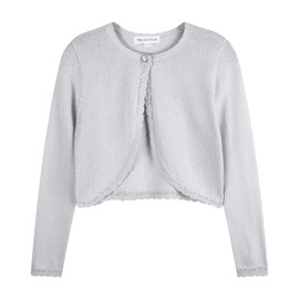 TRENDSTITCH Kids Girls' Open Front Bolero Shrug Cropped Cardigans Cute Long Sleeve Sparkle Tops Knit Shrug for Dress,Silver,7/8
