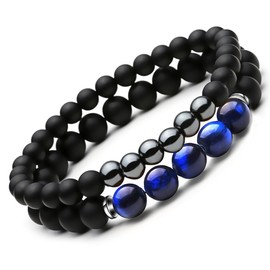 SEVENSTONE 2PCS Black Mantra Prayer Beads Bracelet for Men Women Cross Natural Stone (Blue)