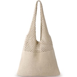 Crochet Tote Bag, Beach Mesh Knitted Bag Large Aesthetic Shoulder Bag Handbags Hollow Hobo Bag for Women Summer (Style A, Khaki)