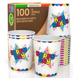 100 Paper Cups 200 ml Made in Italy Eco Friendly Biodegradable Sports Hot Drinks Colourful Happy Day Made and Packed in Italy