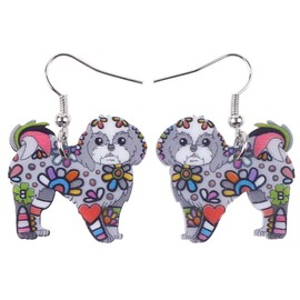 BONSNY Dog Collection “COCOA” Yorkshire Terrier Shih Tzu Puppy Acrylic Pop-Art Long Drop Dangle Earrings (Grey)