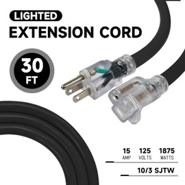 EP 30 Ft Lighted Outdoor Extension Cord - 10/3 SJTW Heavy Duty Black Extension Cable with 3 Prong Grounded Plug for Safety, UL Listed
