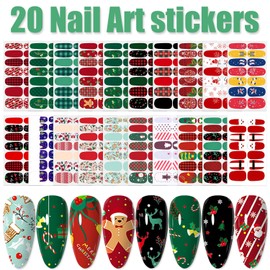 WOKOTO 20 Sheets Christmas Nail Polish Stickers Full Nail Wraps - Santa Claus, Elk, Snow Man, Christmas Tree, Christmas Nail Polish Strips For Nail Art Stickers Holiday Gel Nail Strips For Women