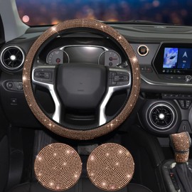 JINGSEN 11 Pcs Bling Car Accessories Set,Bling Car Accessories Set for Women,Steering Wheel Cover for Women Universal Fit 15 Inch,Rhinestone Center Console Cover(Champagne)