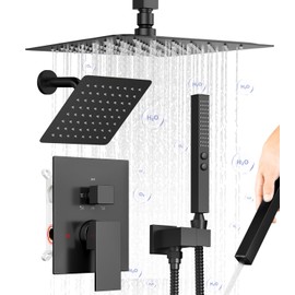 Shower Faucet Set Matte Black Shower System,Bostingner Five Function Diverter Shower Faucet with 2 in 1 Handheld,10'' Ceiling Mount and 6’‘ Wall Mount Shower Head Rainfall Shower Set with Valve