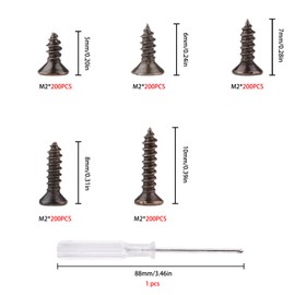Roosea 1000 Pcs M2 Small Hinge Wood Screws 5/6/7/8/10 mm Tiny Flat Head Cross Bronze Small Screws with Screwdriver for DIY Hinge Dollhouse Drawer Accessories（Bronze)