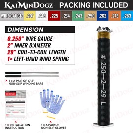KaiMinDogz Left Hand Wind (Black Cone) 2" Garage Door Torsion Spring with Non-Slip Winding Bars & Gloves for Replacement, High Precision Electrophoresis Black Coated, MIN 16,000 Cycles (0.250x2"x29")