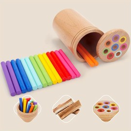 Enelia Montessori Color Sorting Sticks – Wooden Fine Motor Skills Set with 16 Colorful Sticks and Matching Lid – for Toddlers Ages 3+ Educational Learning Set for Kids