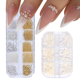 YOSOMK Nail Art Pearls Flatback Pearls Nail Charms Gold Silver White Half Round Nail Art Supplies Luxurious Design Nail Accessories Rhinestones Mixed Various Sizes 0.8mm-5mm for Women Nail Decoration