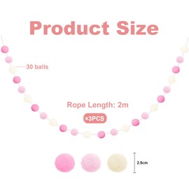 3 Pcs Pom Pom Garland Felt Ball,Garland 6.6 Feet 30 Balls,Pompom Garland Decorations,Boho Garland Decor Felt Ball,Colored Felt Ball Garland,Garlands for Party, Home, and Nursery Decor (Light Pink)