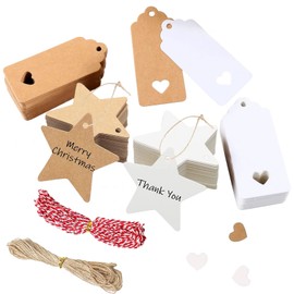 Pack of 200 Christmas Gift Tags, Kraft Paper Gift Tags, Kraft Paper Tags Cards with 10 m Red Rope + 10 m Jute String for Gift Decoration (200B)