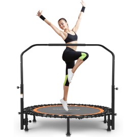 ANCHEER 48" Foldable Rebounder Trampoline for Adults/Kids with Resistance Bands and Bungees, Indoor & Outdoor Mini Trampoline with Bar and Safety Padding - Max Load 450lbs (Orange)