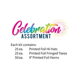 Beistle New Year’s Eve Celebration Assortment, Party Pack Hi-Hats, 25 Fringed Tiaras, and 50 Printed 9” Horns with Fireworks Design, NYE Supplies and Favors, One Size, Blue/Multi