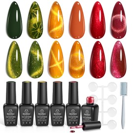 Beetles Cat Eye Gel Nail Polish Set, 6 Fall Colors Red Burgundy Orange Olive Green Autumn Oasis Cat Eye and Pearl Gel Polish with Magnet Soak Off LED Nail Art Kit DIY Salon at Home Gifts for Women