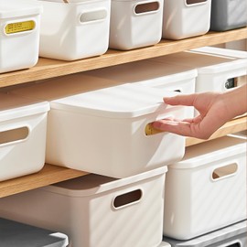 Gaoaodeyu 6 pack large plastic Laundry Basket/Hamper with lids and handle，White storage bins Baskets，Organizer Containers for Closet Dorm，Clothes Laundry Room Bedroom, Shelves，home (White, 6S)