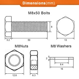 Drenky 10 Stück M8 Schrauben Und Muttern Set, Sechskantschraube Bolzen Und Muttern Unterlegscheiben Edelstahl A2 V2A M8x50mm Schrauben Sortiment Kit, DIN933 / DIN934 / DIN125