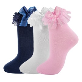 MKYSZLT Women White Ruffle Socks,Adult Frilly Ankle High Bow Socks with Lace Ruffles,Cute Lolita Dress Princess Bobby Sock (US, Alpha, One Size, Regular, Regular, White,Pink,Navy - 3 pairs)
