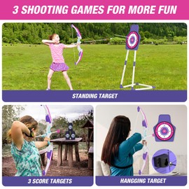 HYES Bow and Arrow for Kids 4-6, LED Light Up Archery Set with 12 Suction Cup Arrows, 1 Standing Target, 3 Score Targets & 1 Quiver, Indoor Outdoor Sport Gifts for Boys Girls Ages 8-12, Purple
