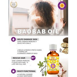 Deve Herbes Pure Baobab Oil (Adansonia digitata) with Glass Dropper Cold Pressed 10ml (0.33 oz)