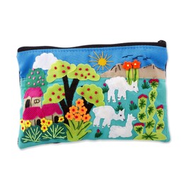 NOVICA Artisan Handmade Cotton Blend Cosmetic Case Patchwork Fair Trade with Peruvian Landscape Handbags Multicolor Embellished Folk Art ' Blue Alpaca Afternoon'