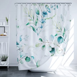 LIVETTY Leaves Shower Curtain 180 x 180 cm Green Leaf Plants Bathroom Curtain Mould Proof Polyester Fabric Bath Curtain with 12 Hooks Bathroom Curtain Washable Quick-Drying