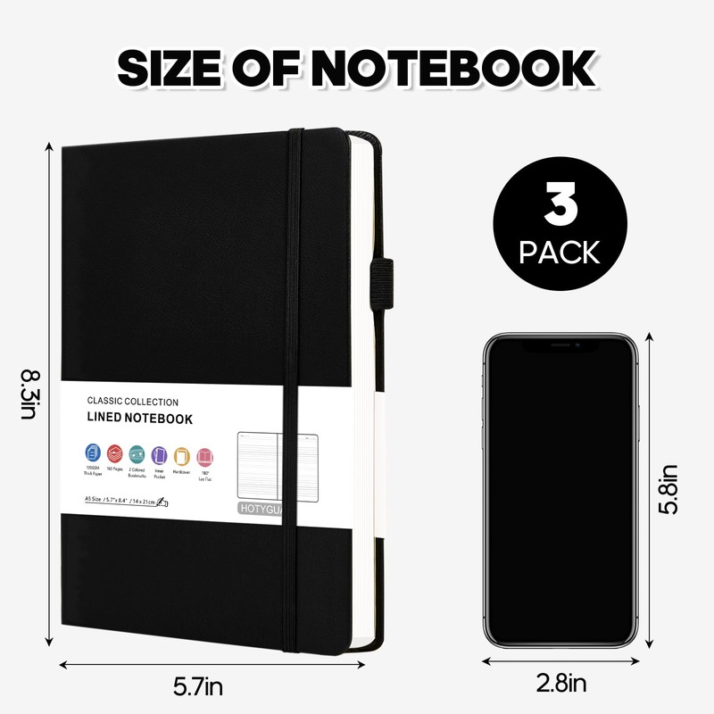 HOTYGUAL A5 Notebook Journal Set of 3 (Green, Black, Brown)