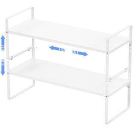 ARCCI Expandable Cabinet Shelf Organizers 2 Pack, Stackable Metal Pantry Storage Shelves Rack, Adjustable Kitchen Counter Shelf for Cabinets, Countertop, Cupboard Organizers and Storage, White