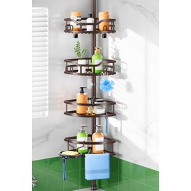 HAMITOR Shower Caddy Tension Pole: Rustproof Quick Install Corner Bathroom Organizer Shelf on Floor for Renters - 4-Tier Large Capacity Storage Rack with Soap Holder for Apartment -47-121 Inch/Bronze