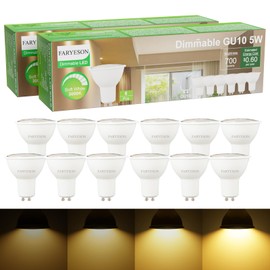 faryeson Dimmable GU10 LED Light Bulbs - 5W, Soft White (3000K), 700 Lumens, Wide 110° Flood Beam, Great for Recessed and Track Lighting in Kitchens, Living Rooms, and Bedrooms, 12-Pack