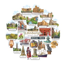 Navy Peony Enchanted Edinburgh Travel Stickers (28pcs) - Hand-Illustrated, Gouache, Scottish City-Themed Stickers for Scrapbooks, Journals, Laptop
