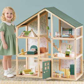Tiny Land Wooden Dollhouse for Girls - 6 Rooms Wooden Doll House, DIY Pretend Doll House with 32Pcs Furniture Accessories, Creative Gift for Girl Ages 3+, Green